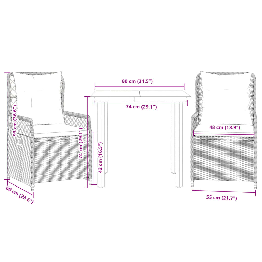 3-tlg. Garten-Essgruppe mit Kissen Hellgrau Poly Rattan