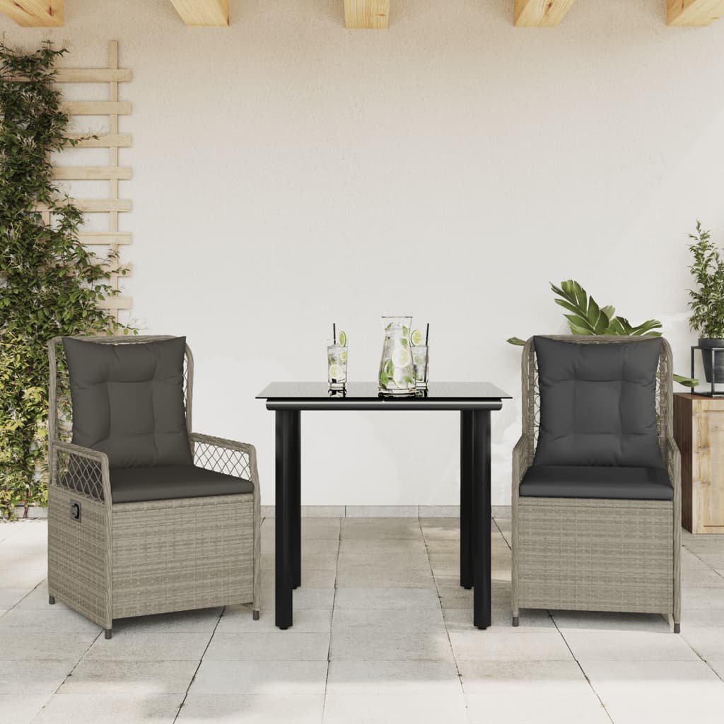 3-tlg. Garten-Essgruppe mit Kissen Hellgrau Poly Rattan