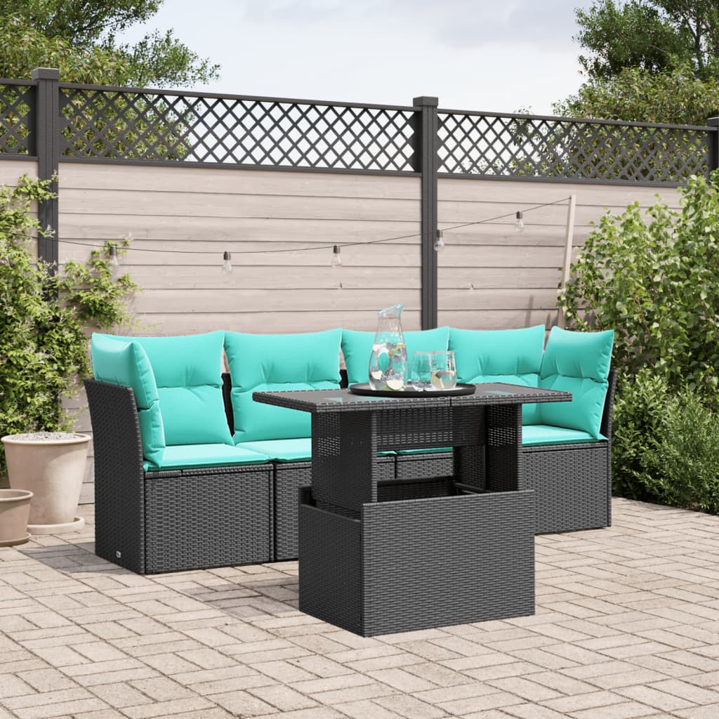 5-teiliges Gartensofa-Set mit Kissen, schwarzes Polyrattan