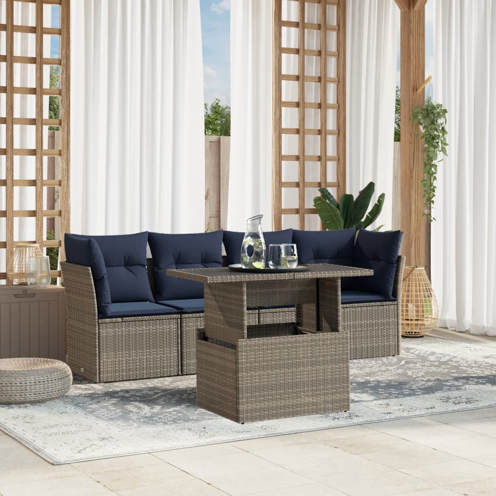 5-teiliges Gartensofa-Set mit Kissen, grau, Polyrattan