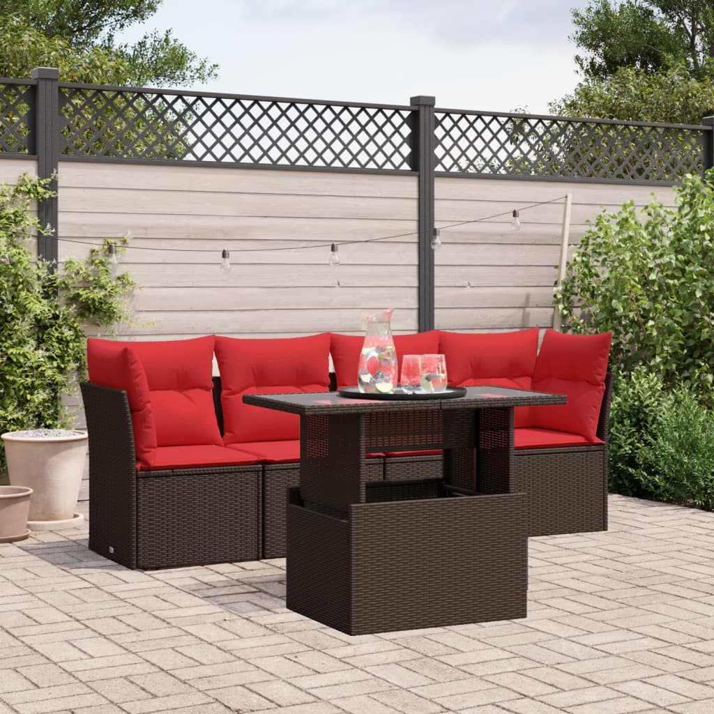 5-teiliges Gartensofa-Set mit Kissen, braun, Polyrattan