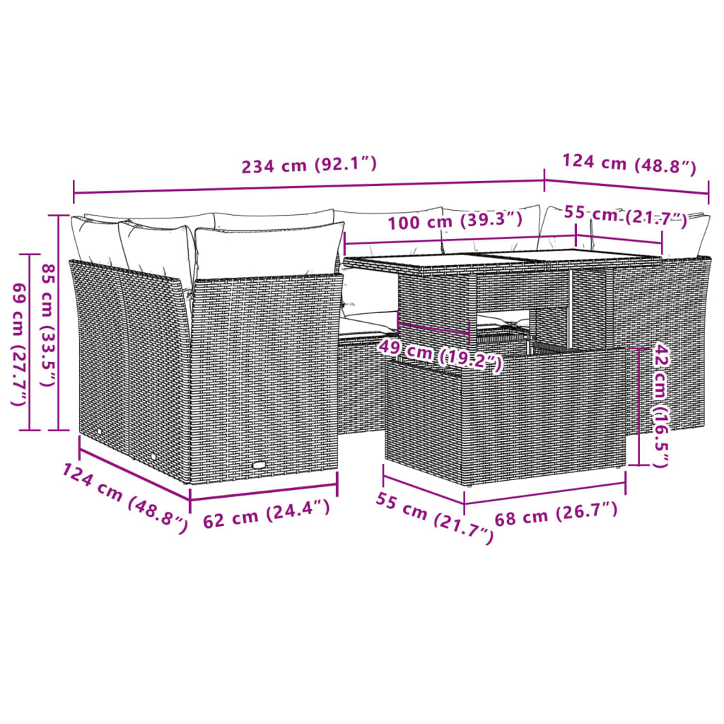 7-teiliges Gartensofa-Set mit Kissen, grau, Polyrattan