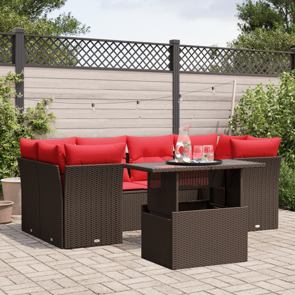 7-teiliges Gartensofa-Set mit Kissen, braun, Polyrattan