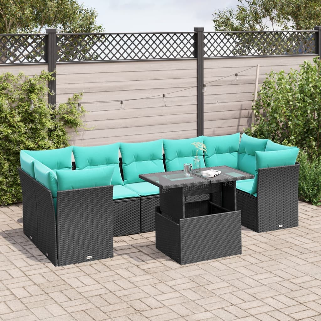 8-teiliges Gartensofa-Set mit Kissen, schwarzes Polyrattan