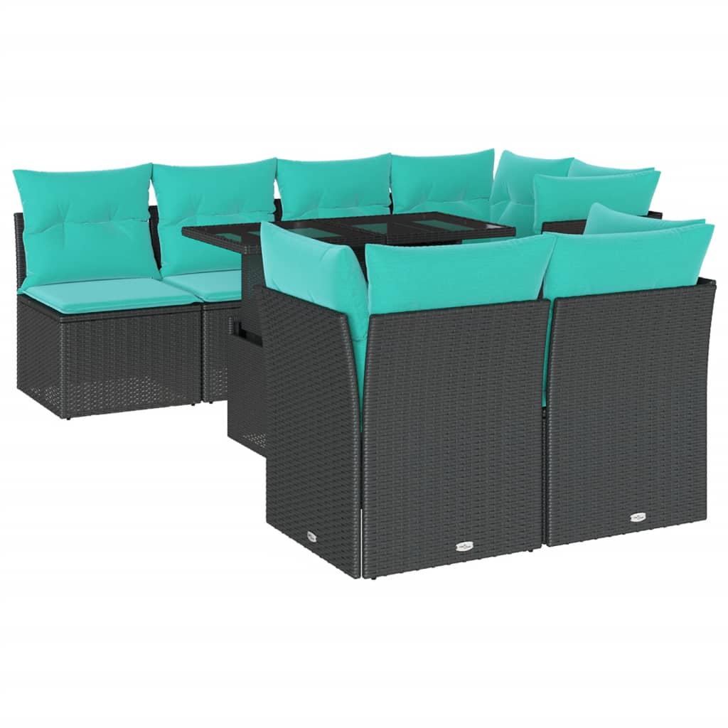 8-teiliges Gartensofa-Set mit Kissen, schwarzes Polyrattan