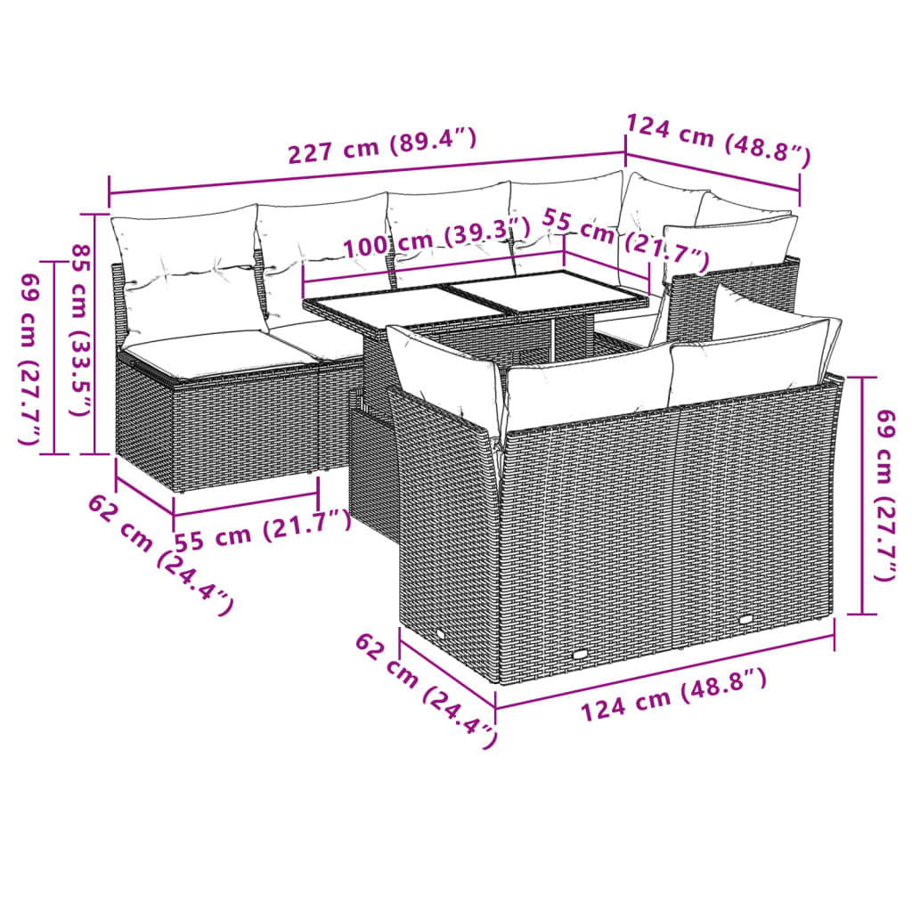 8-teiliges Gartensofa-Set mit Kissen, schwarzes Polyrattan