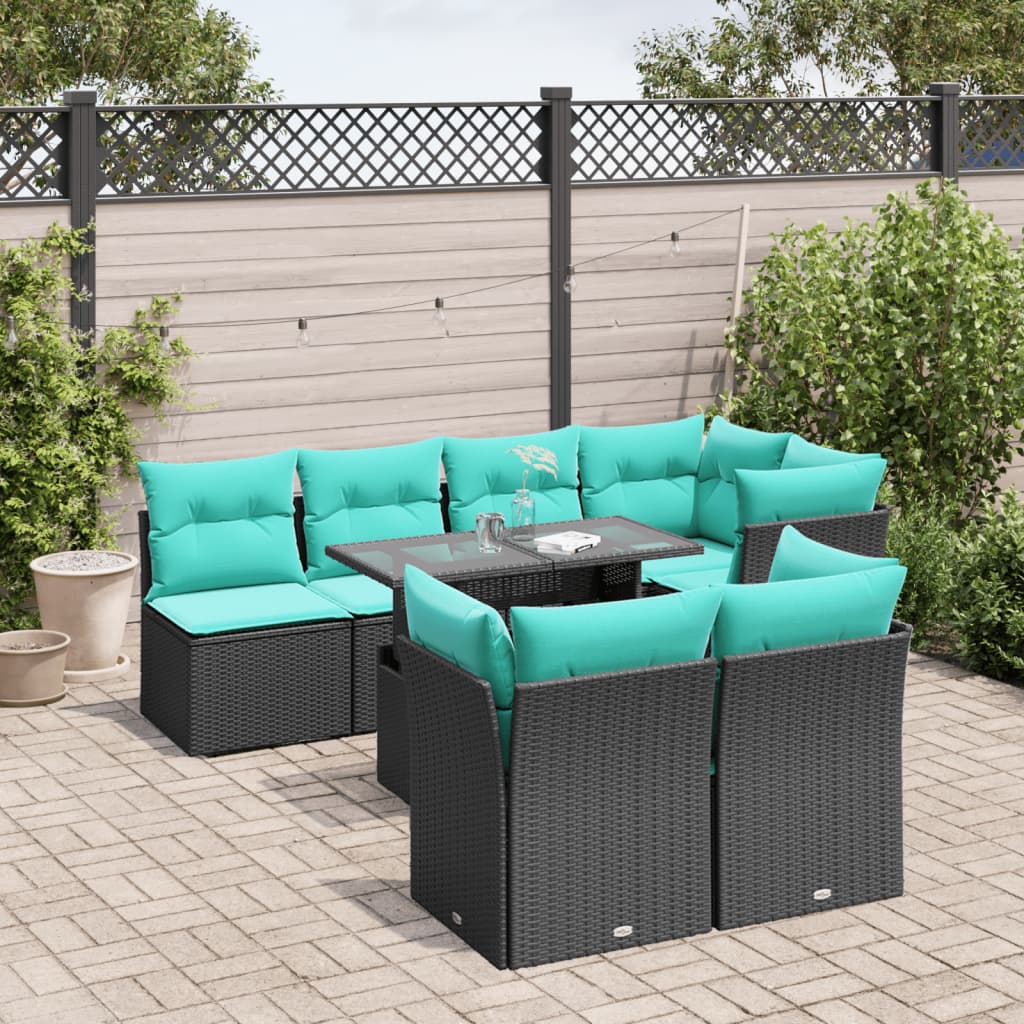 8-teiliges Gartensofa-Set mit Kissen, schwarzes Polyrattan