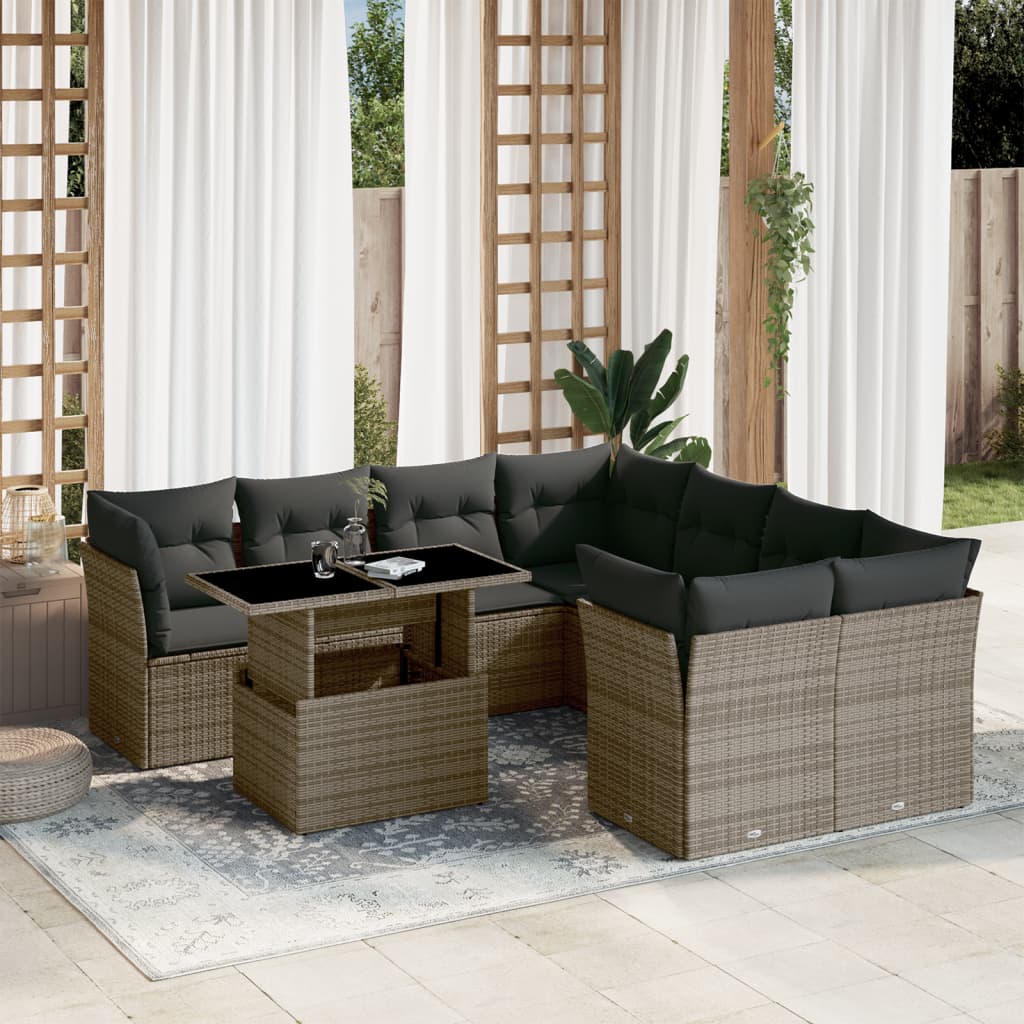 9-tlg. Garten-Sofagarnitur mit Kissen Grau Poly Rattan