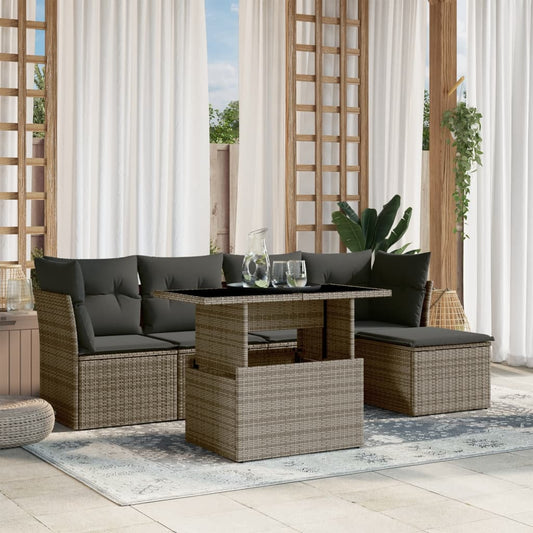 6-tlg. Garten-Sofagarnitur mit Kissen Grau Poly Rattan