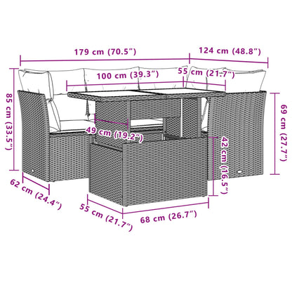 5-teiliges Gartensofa-Set mit Kissen, braun, Polyrattan