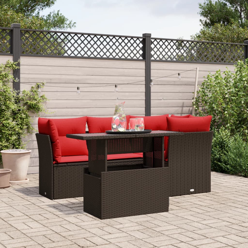 5-teiliges Gartensofa-Set mit Kissen, braun, Polyrattan