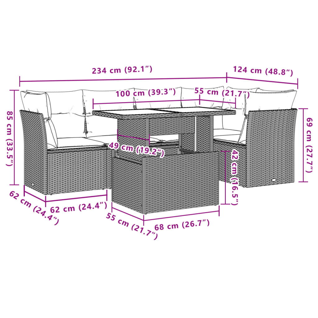 6-teiliges Gartensofa-Set mit Kissen, braun, Polyrattan