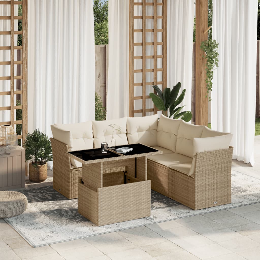 6-tlg. Garten-Sofagarnitur mit Kissen Beige Poly Rattan