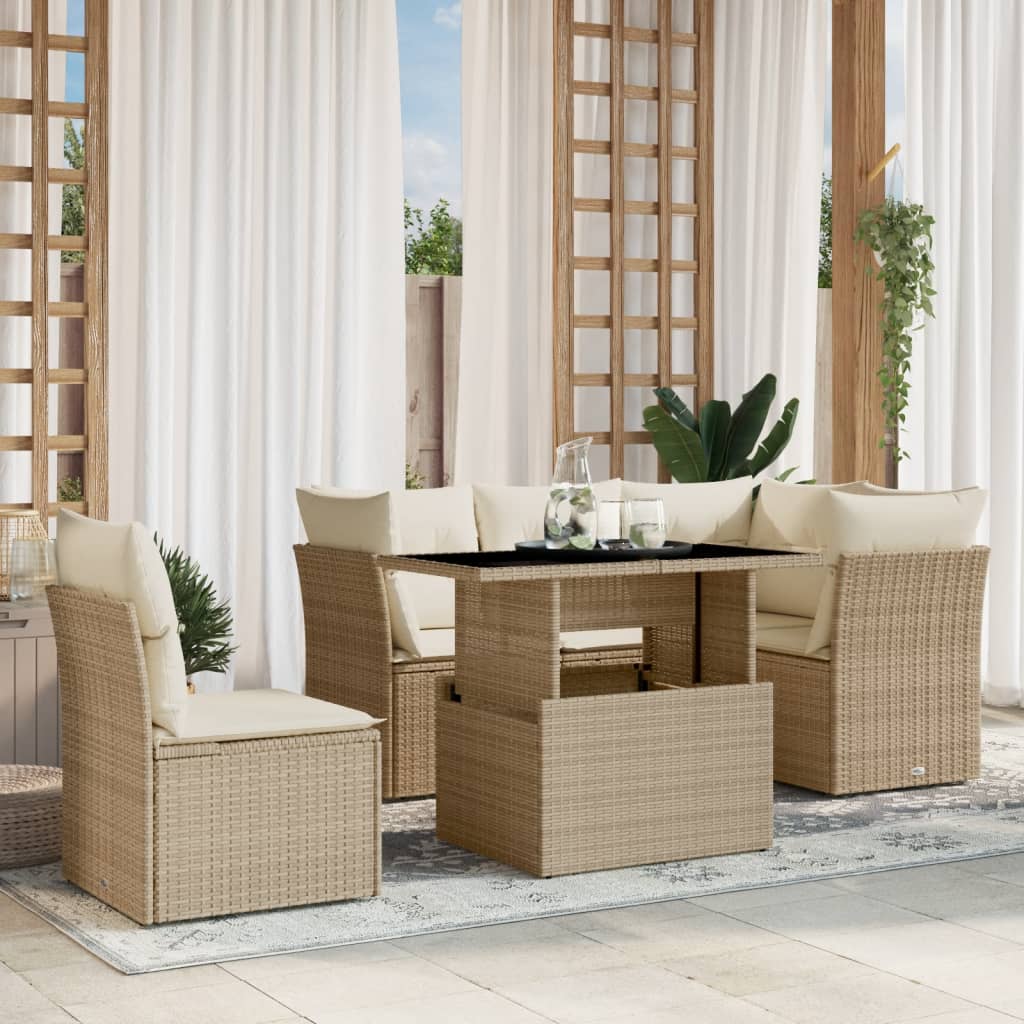 6-tlg. Garten-Sofagarnitur mit Kissen Beige Poly Rattan