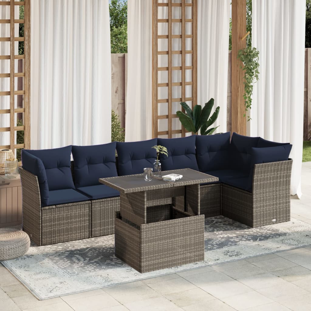 7-teiliges Gartensofa-Set mit Kissen, grau, Polyrattan