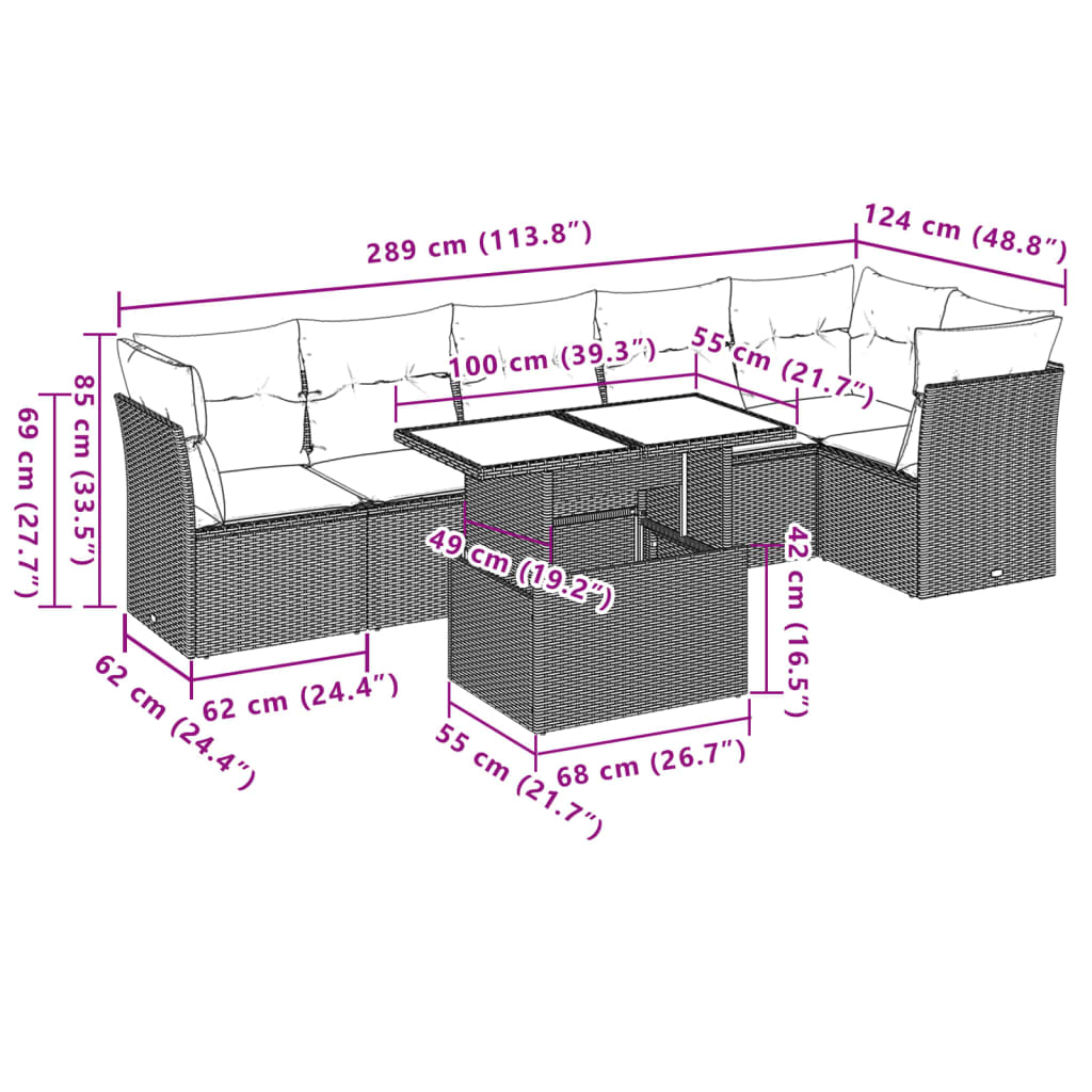 7-teiliges Gartensofa-Set mit Kissen, braun, Polyrattan