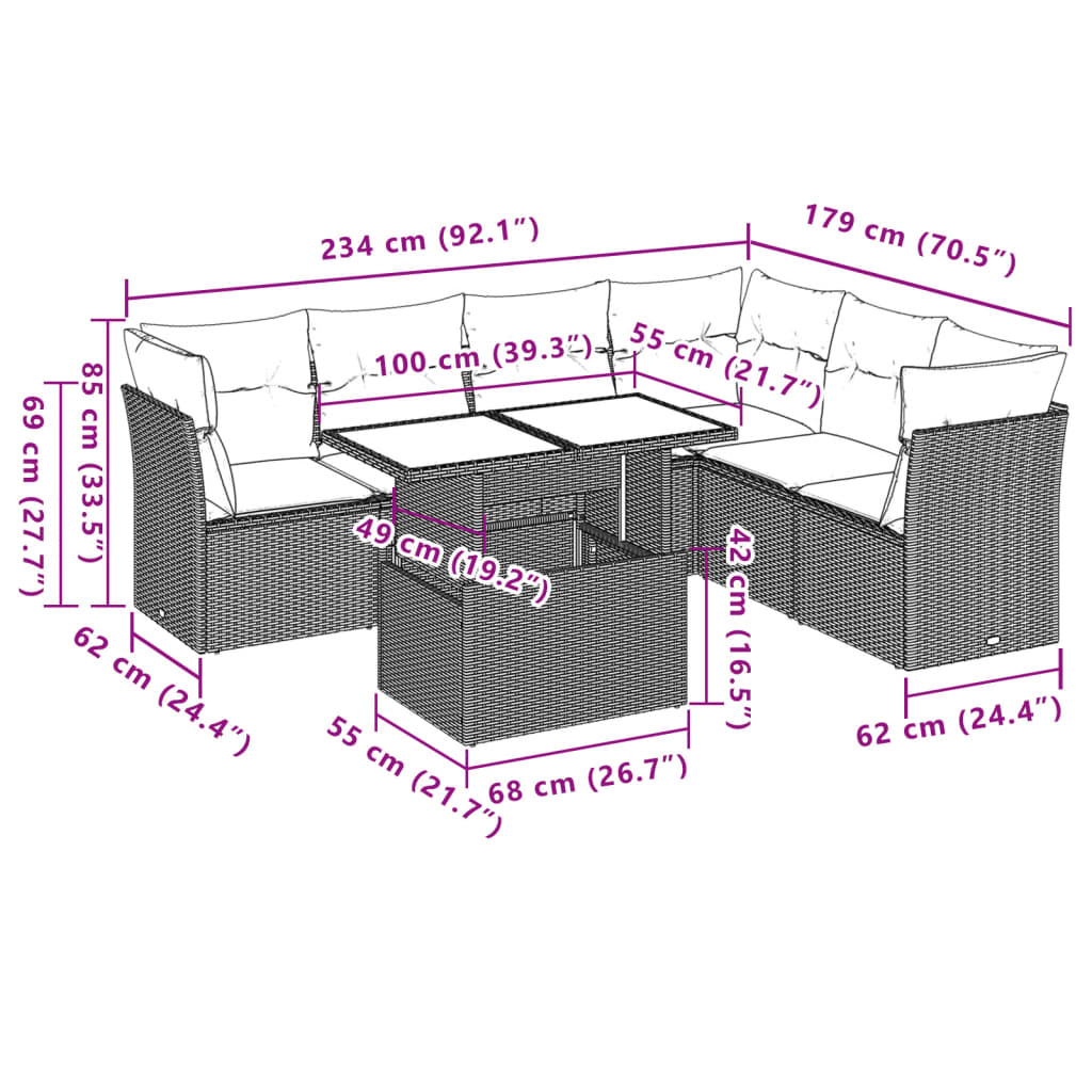 7-teiliges Gartensofa-Set mit Kissen, schwarzes Polyrattan