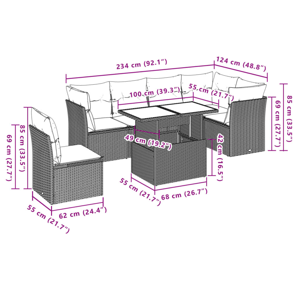 7-teiliges Gartensofa-Set mit Kissen, schwarzes Polyrattan