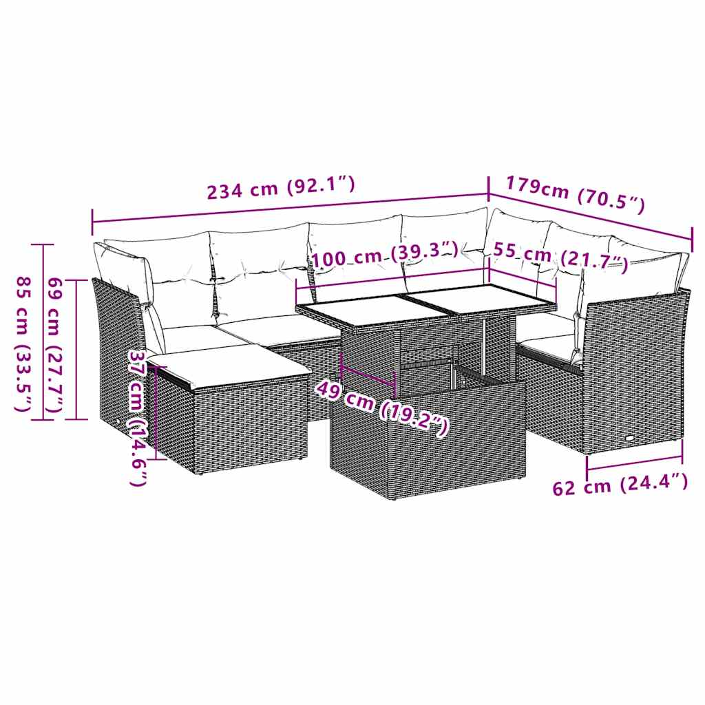 8-teiliges Gartensofa-Set mit Kissen, grau, Polyrattan