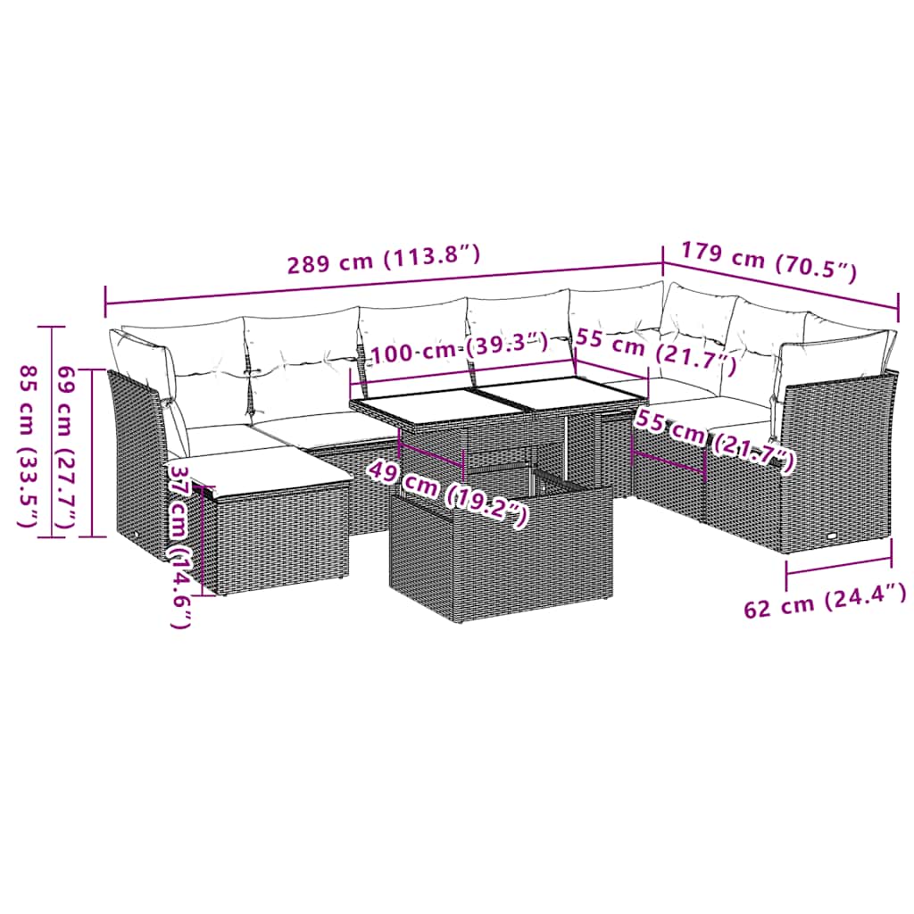 9-teiliges Gartensofa-Set mit Kissen, braun, Polyrattan