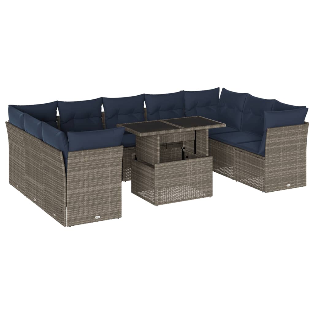10-teiliges Gartensofa-Set mit Kissen, grau, Polyrattan