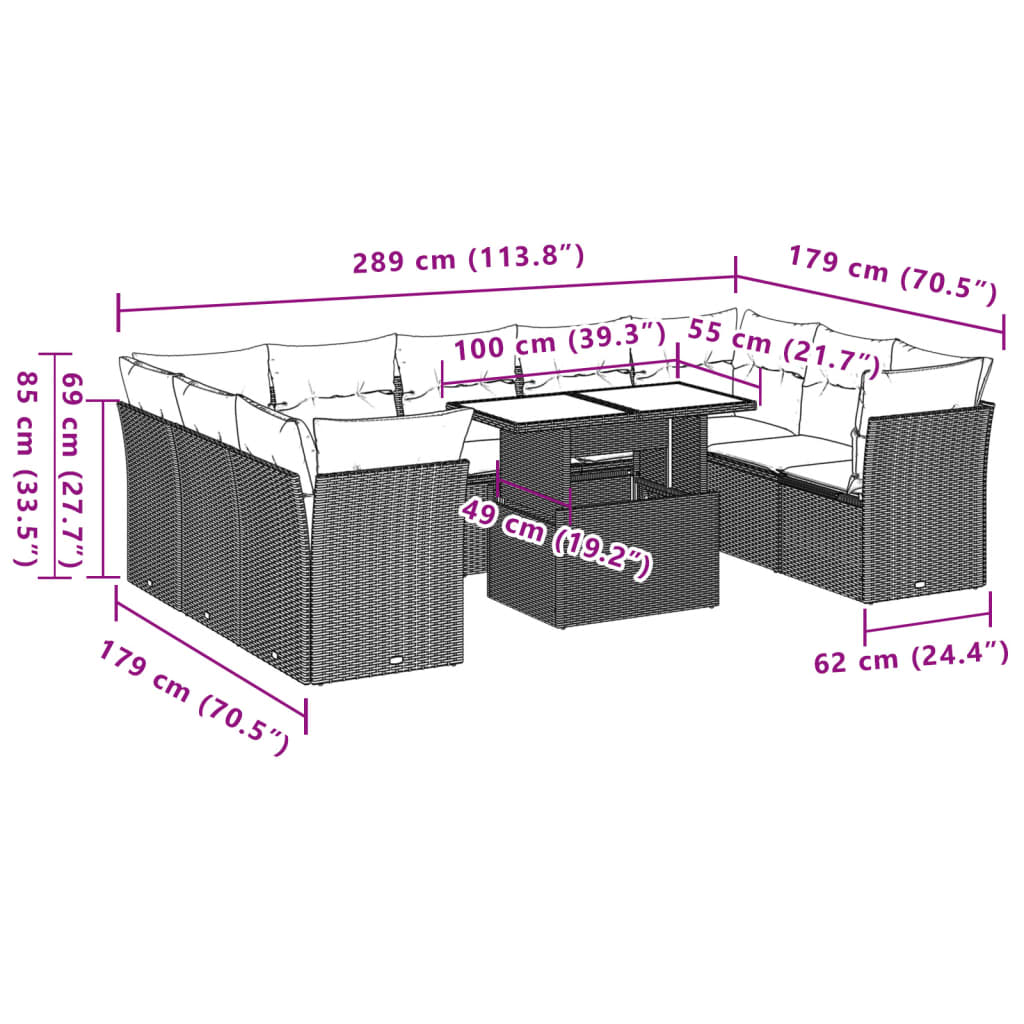 10-teiliges Gartensofa-Set mit Kissen, grau, Polyrattan