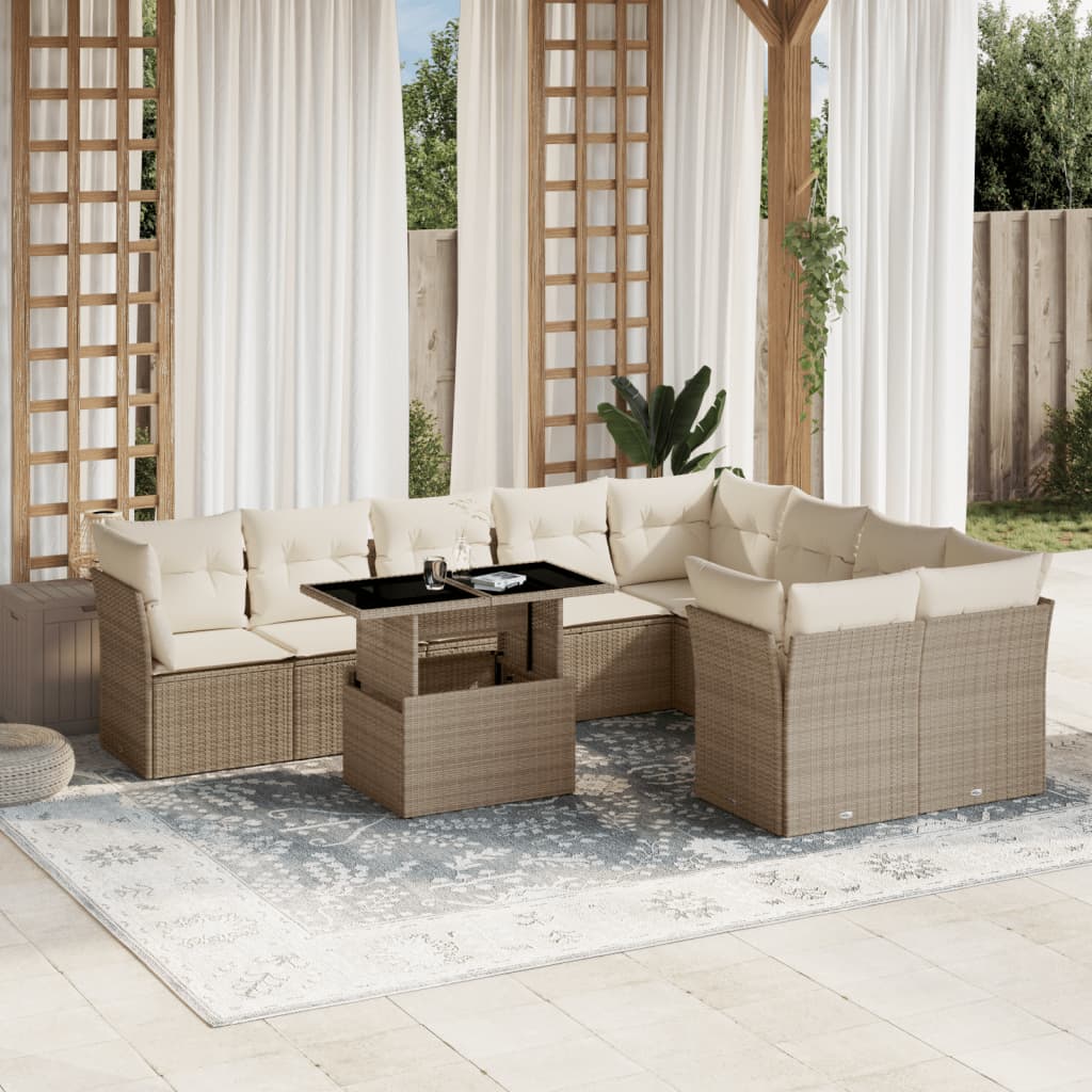 10-tlg. Garten-Sofagarnitur mit Kissen Beige Poly Rattan