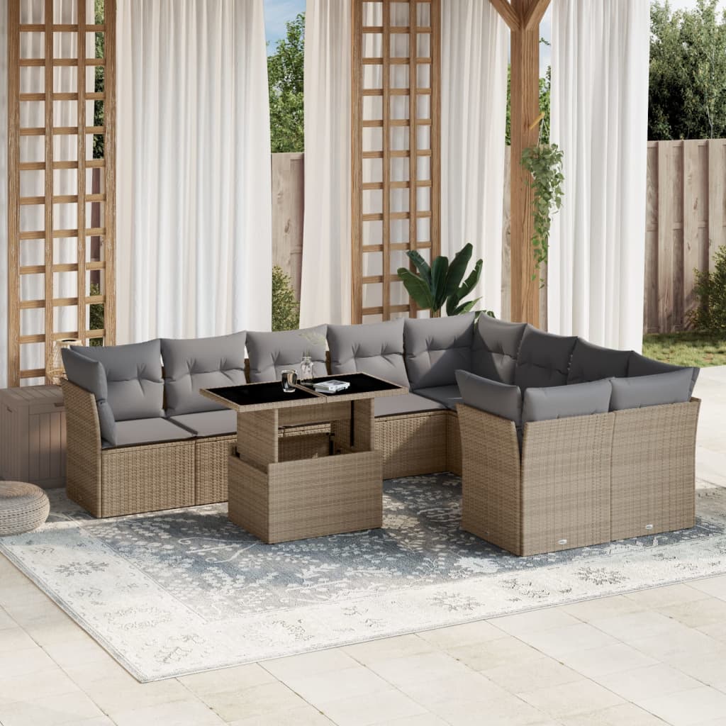 10-tlg. Garten-Sofagarnitur mit Kissen Beige Poly Rattan