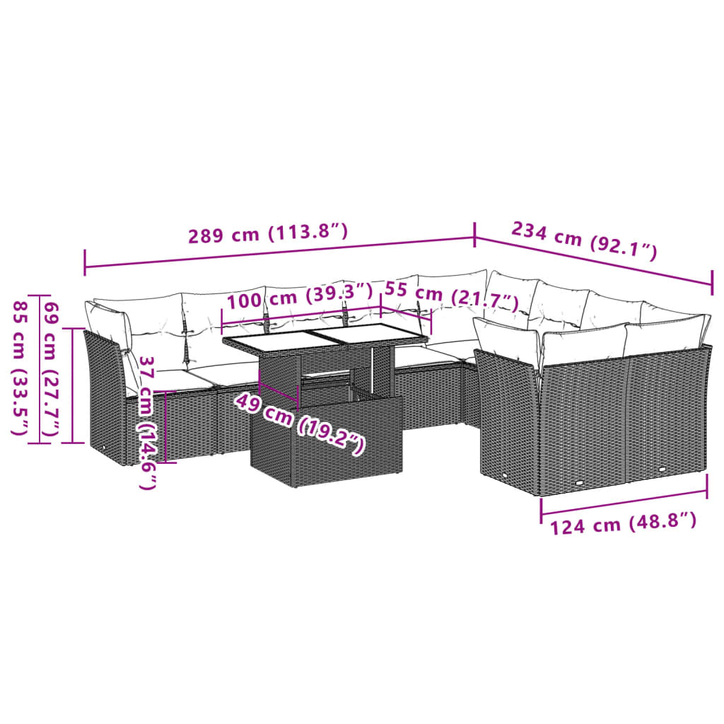 10-teiliges Gartensofa-Set mit Kissen, grau, Polyrattan