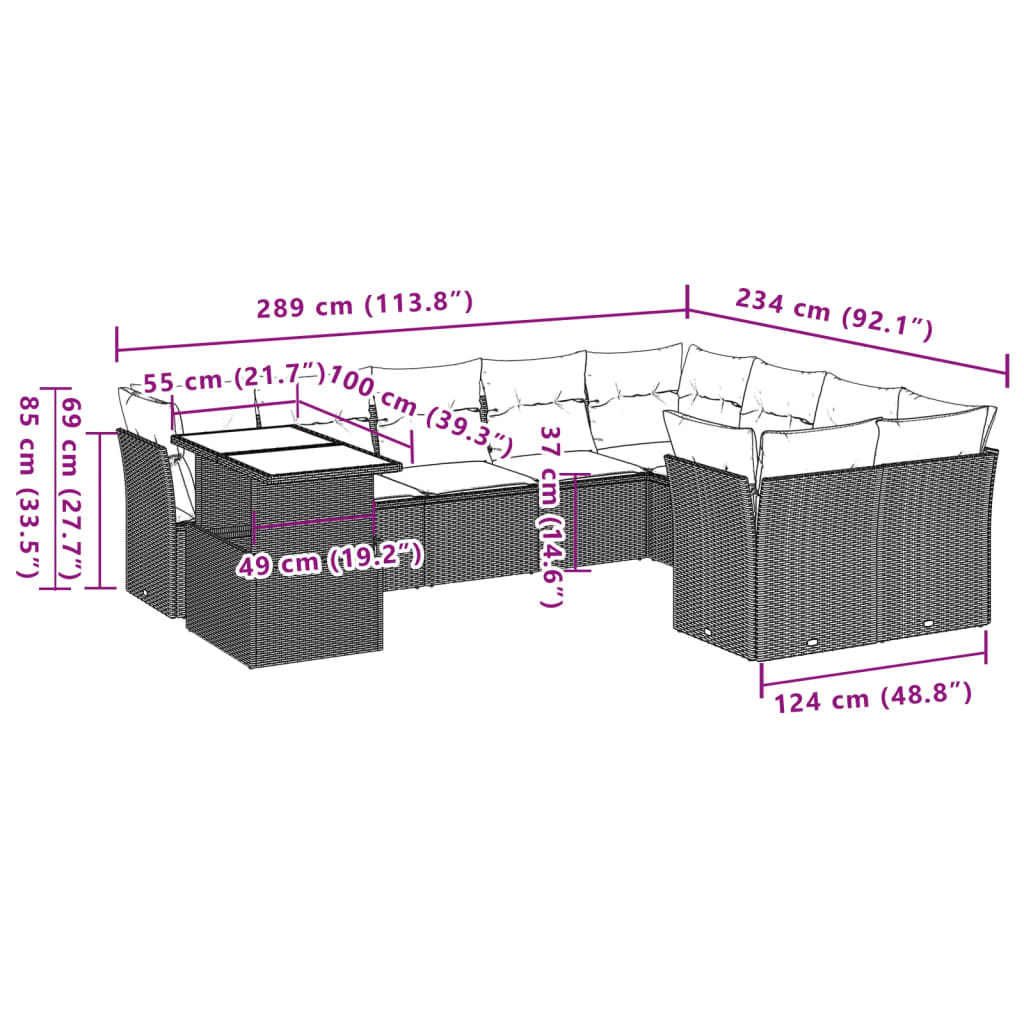 10-teiliges Gartensofa-Set mit Kissen, grau, Polyrattan