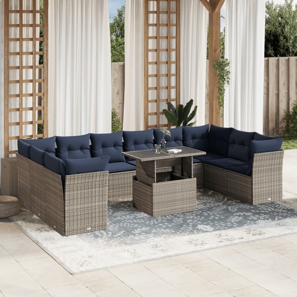 11-teiliges Gartensofa-Set mit Kissen, grau, Polyrattan