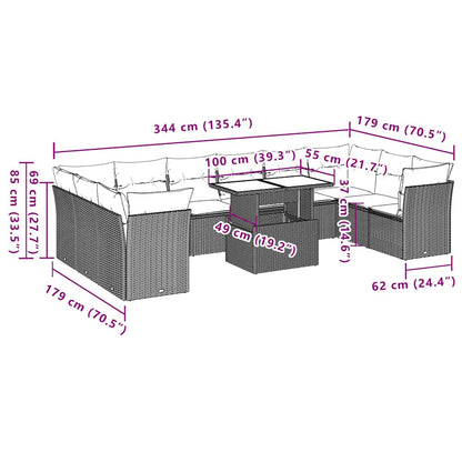 11-tlg. Garten-Sofagarnitur mit Kissen Braun Poly Rattan