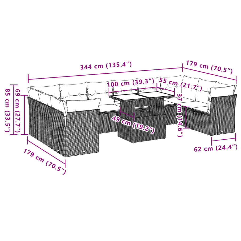 11-teiliges Gartensofa-Set mit Kissen, braun, Polyrattan