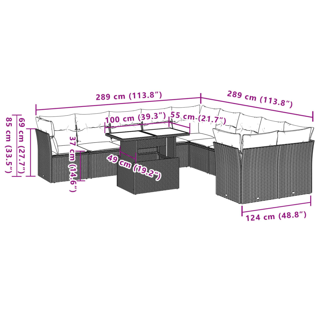 11-teiliges Gartensofa-Set mit Kissen, schwarzes Polyrattan