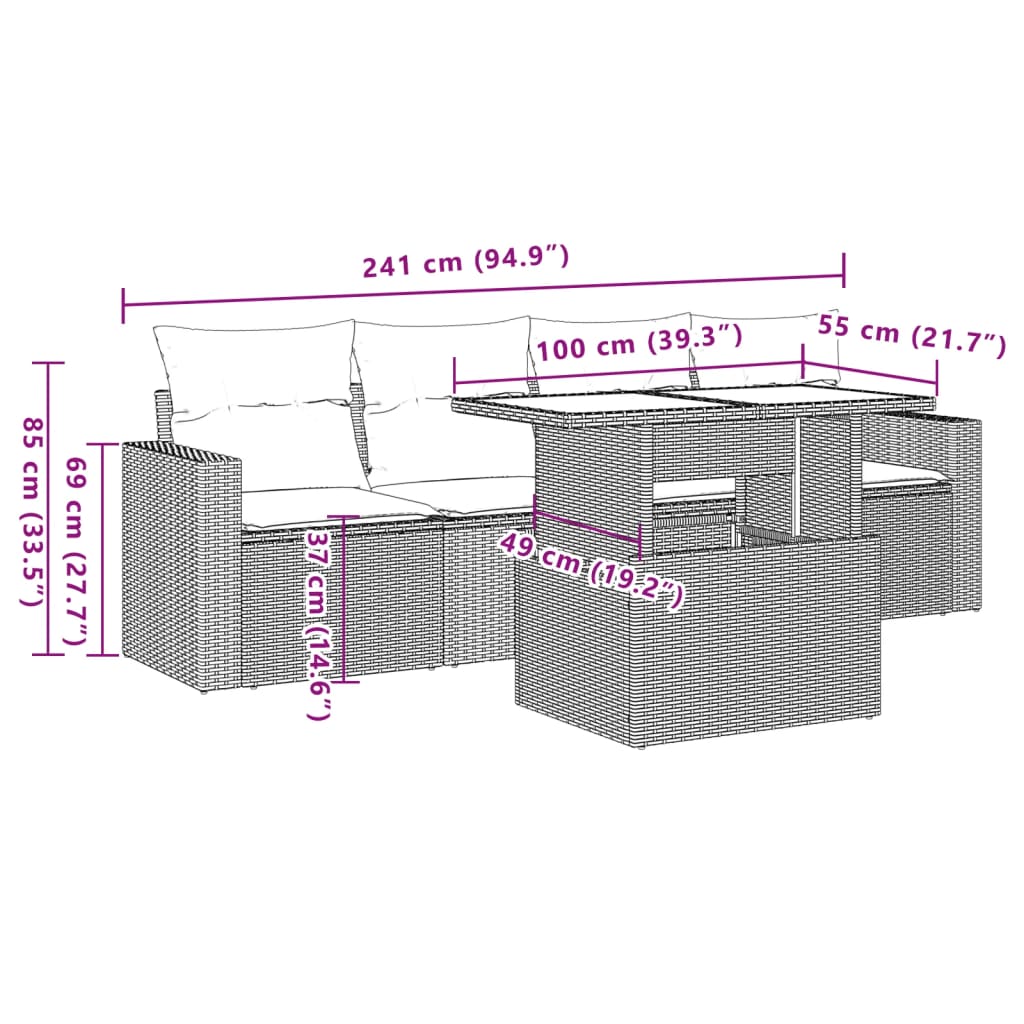 5-teiliges Gartensofa-Set mit Kissen, braun, Polyrattan