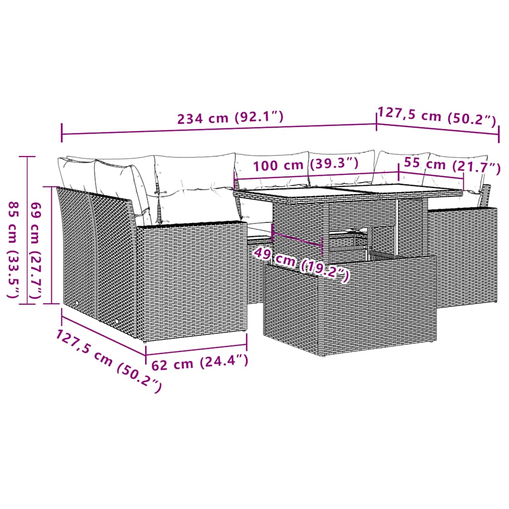 7-teiliges Gartensofa-Set mit Kissen, braun, Polyrattan