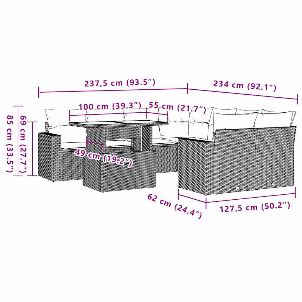 9-teiliges Gartensofa-Set mit Kissen, grau, Polyrattan