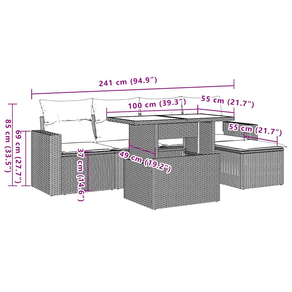 6-teiliges Gartensofa-Set mit Kissen, braun, Polyrattan