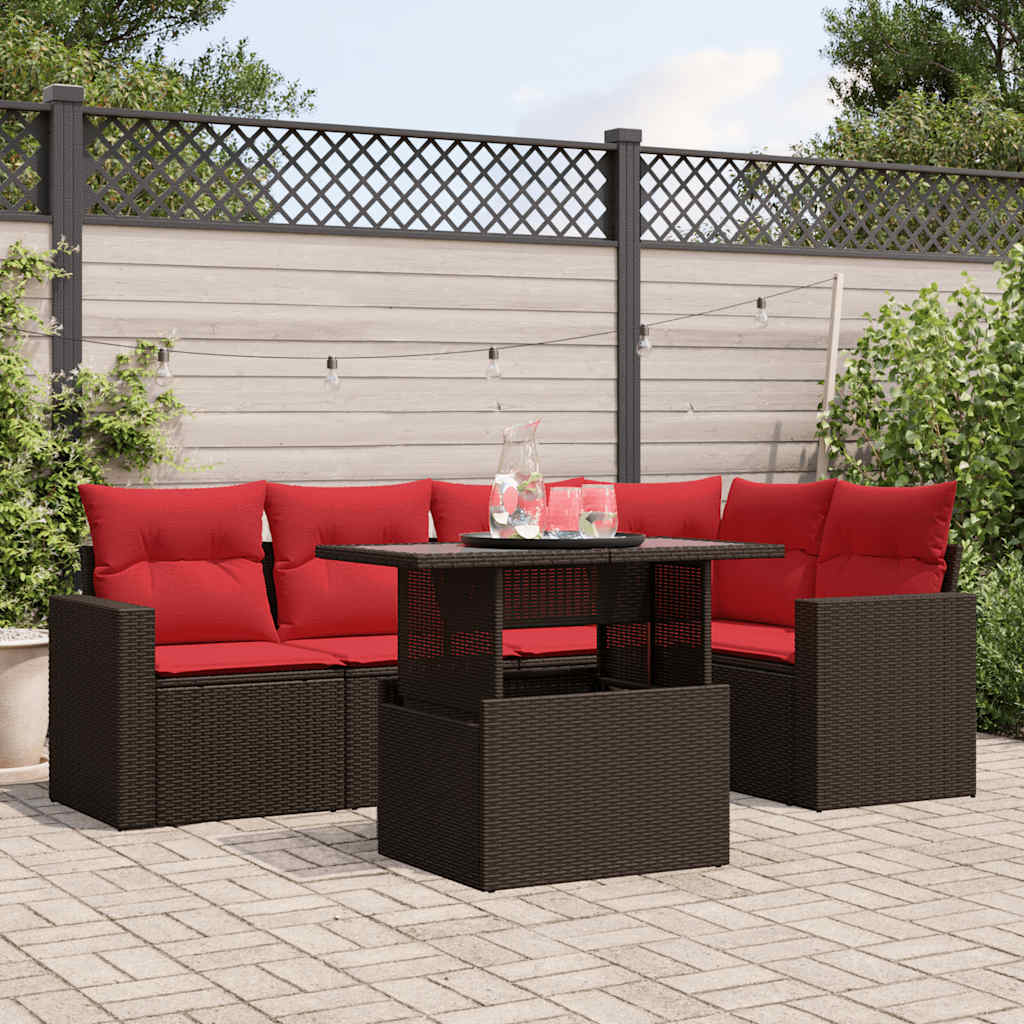 6-teiliges Gartensofa-Set mit Kissen, braun, Polyrattan