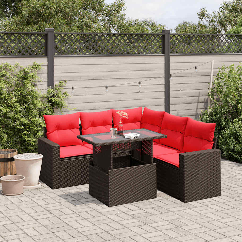 6-teiliges Gartensofa-Set mit Kissen, braun, Polyrattan