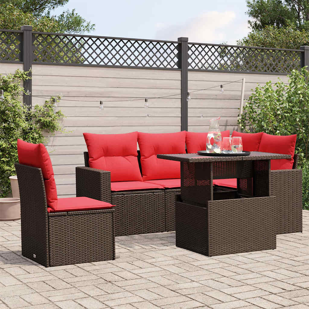 6-teiliges Gartensofa-Set mit Kissen, braun, Polyrattan