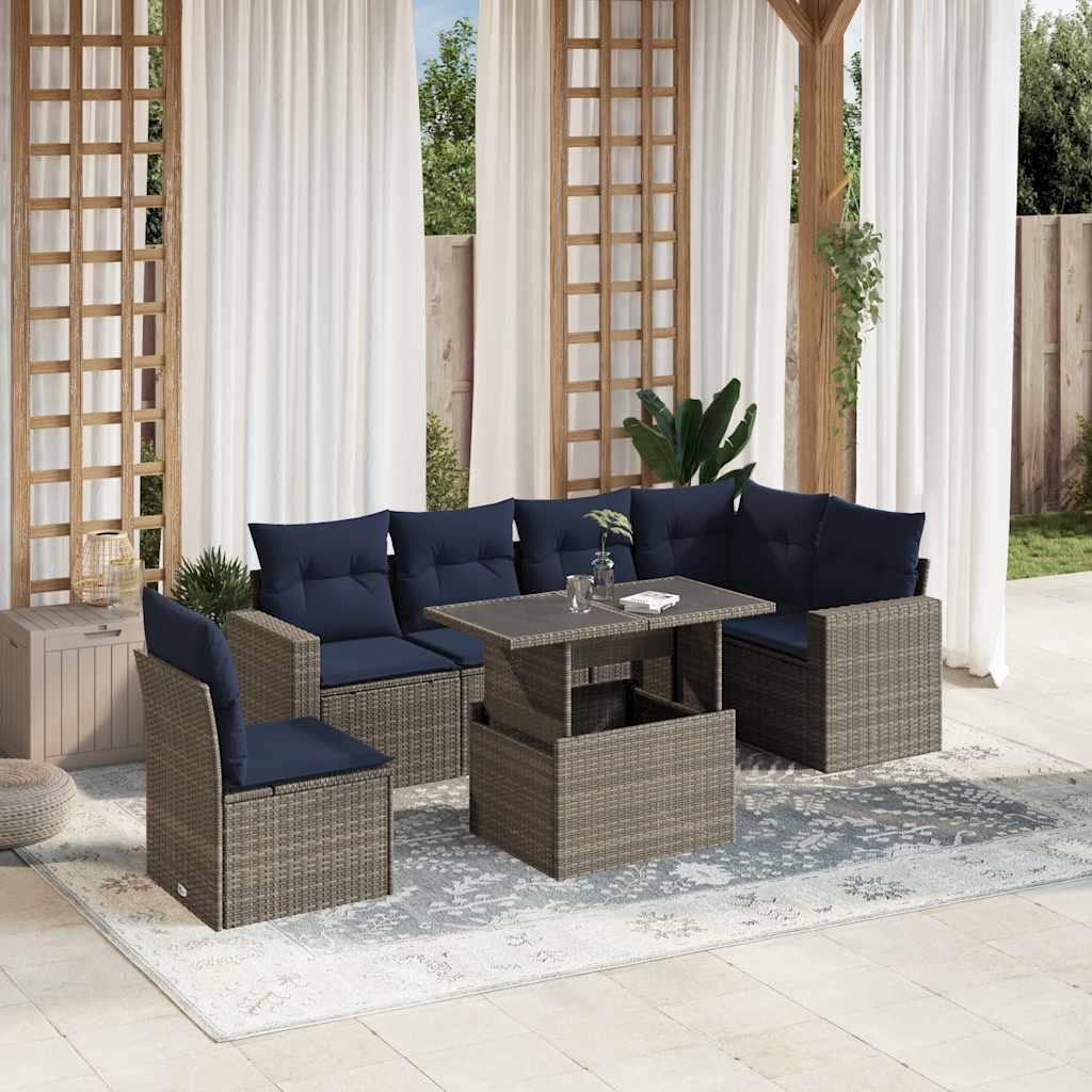 7-teiliges Gartensofa-Set mit Kissen, grau, Polyrattan