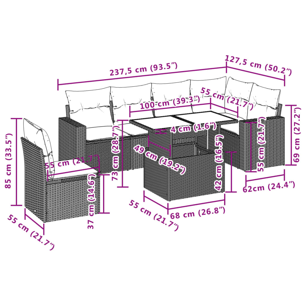7-tlg. Garten-Sofagarnitur mit Kissen Braun Poly Rattan