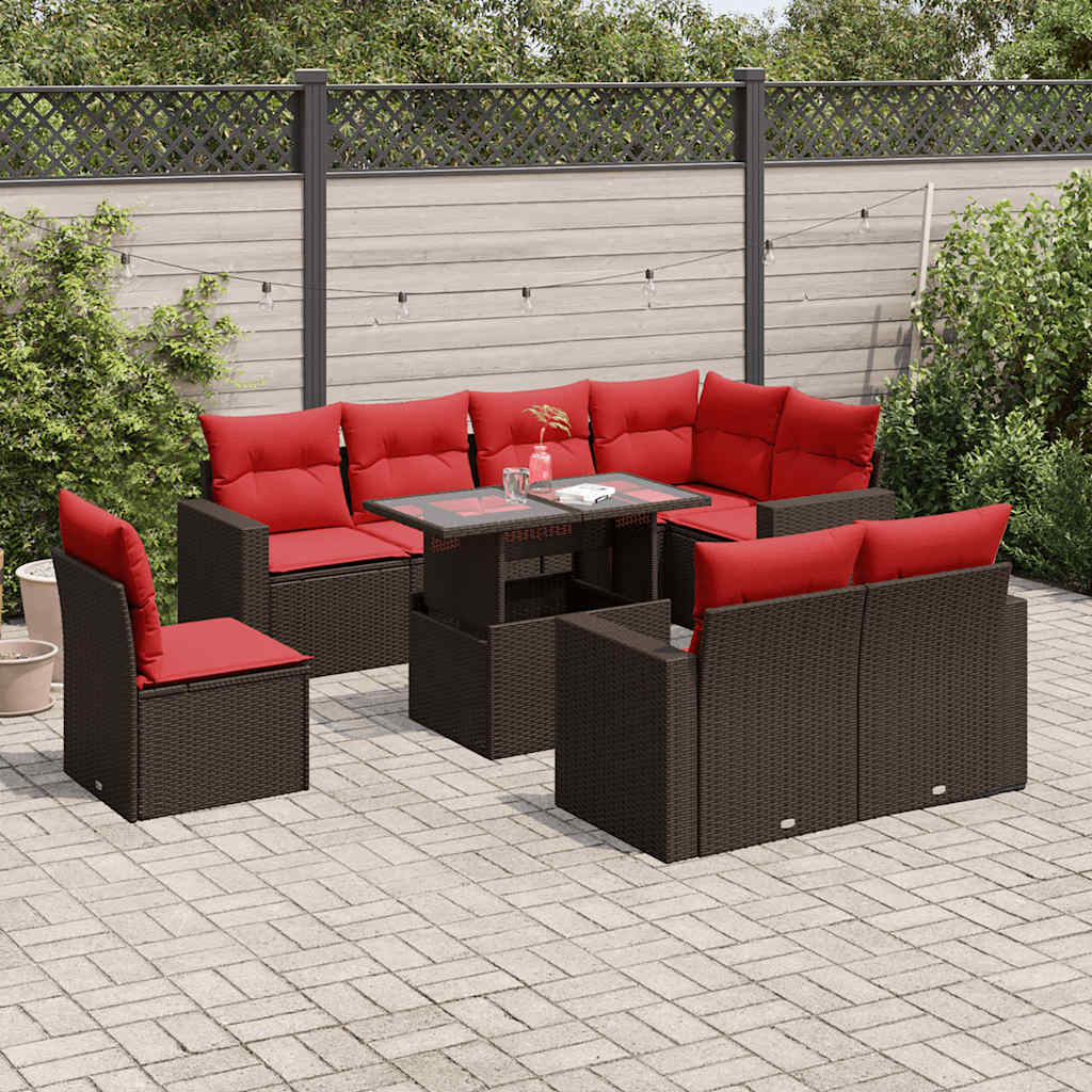 9-teiliges Gartensofa-Set mit Kissen, braun, Polyrattan