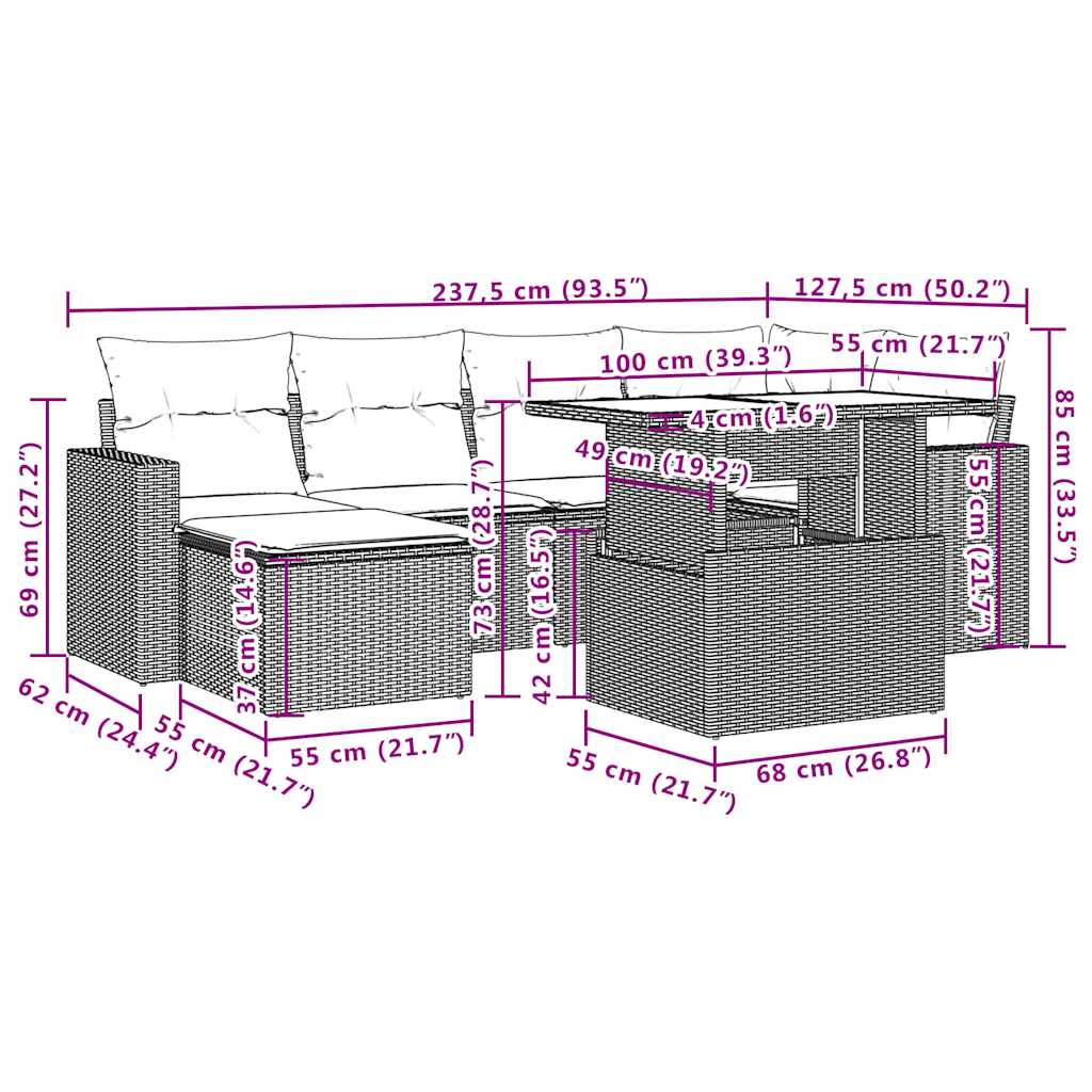 7-teiliges Gartensofa-Set mit Kissen, grau, Polyrattan