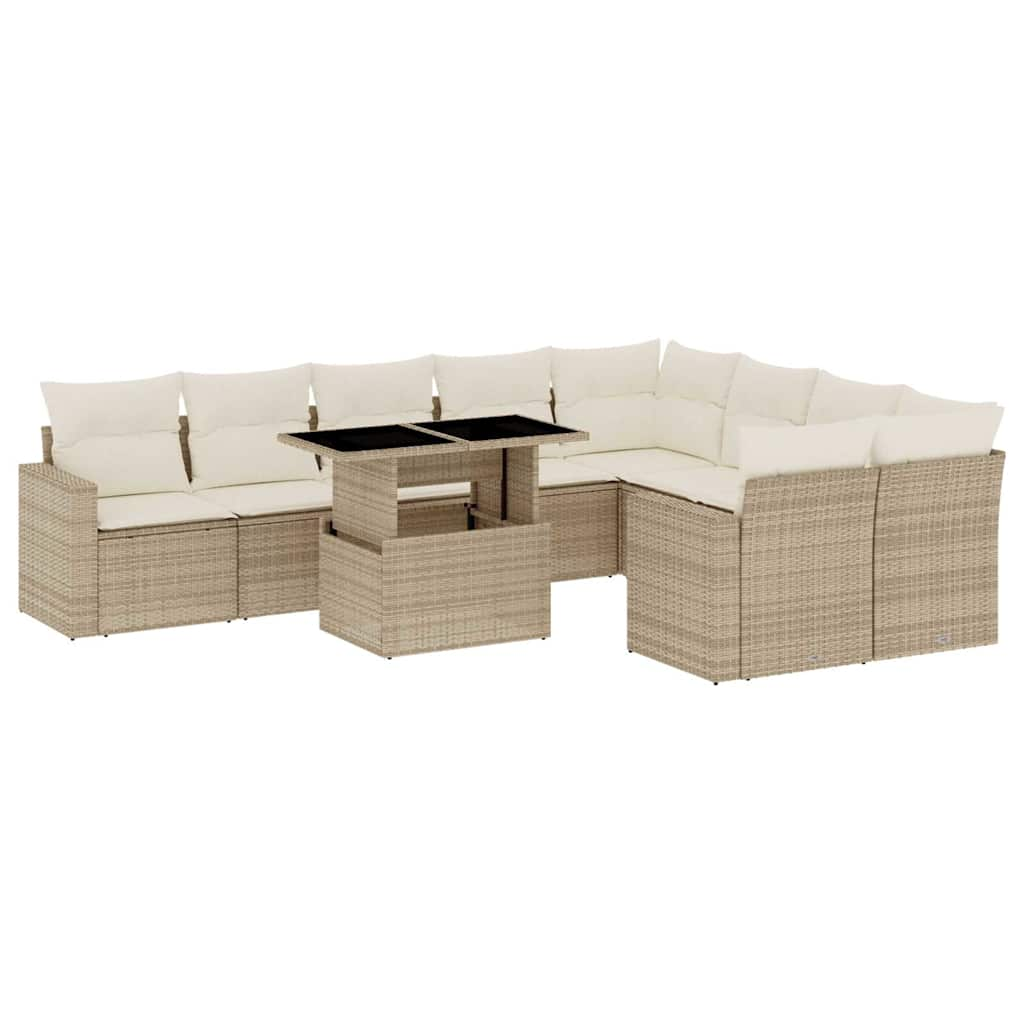 10-tlg. Garten-Sofagarnitur mit Kissen Beige Poly Rattan