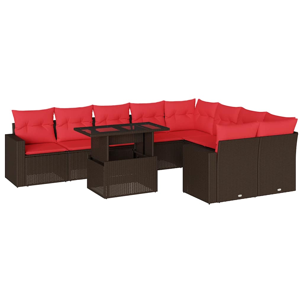 10-teiliges Gartensofa-Set mit Kissen, braun, Polyrattan
