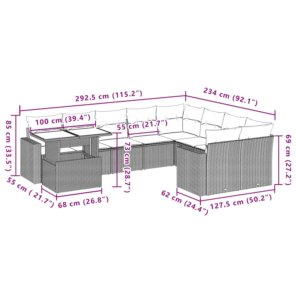 10-tlg. Garten-Sofagarnitur mit Kissen Beige Poly Rattan