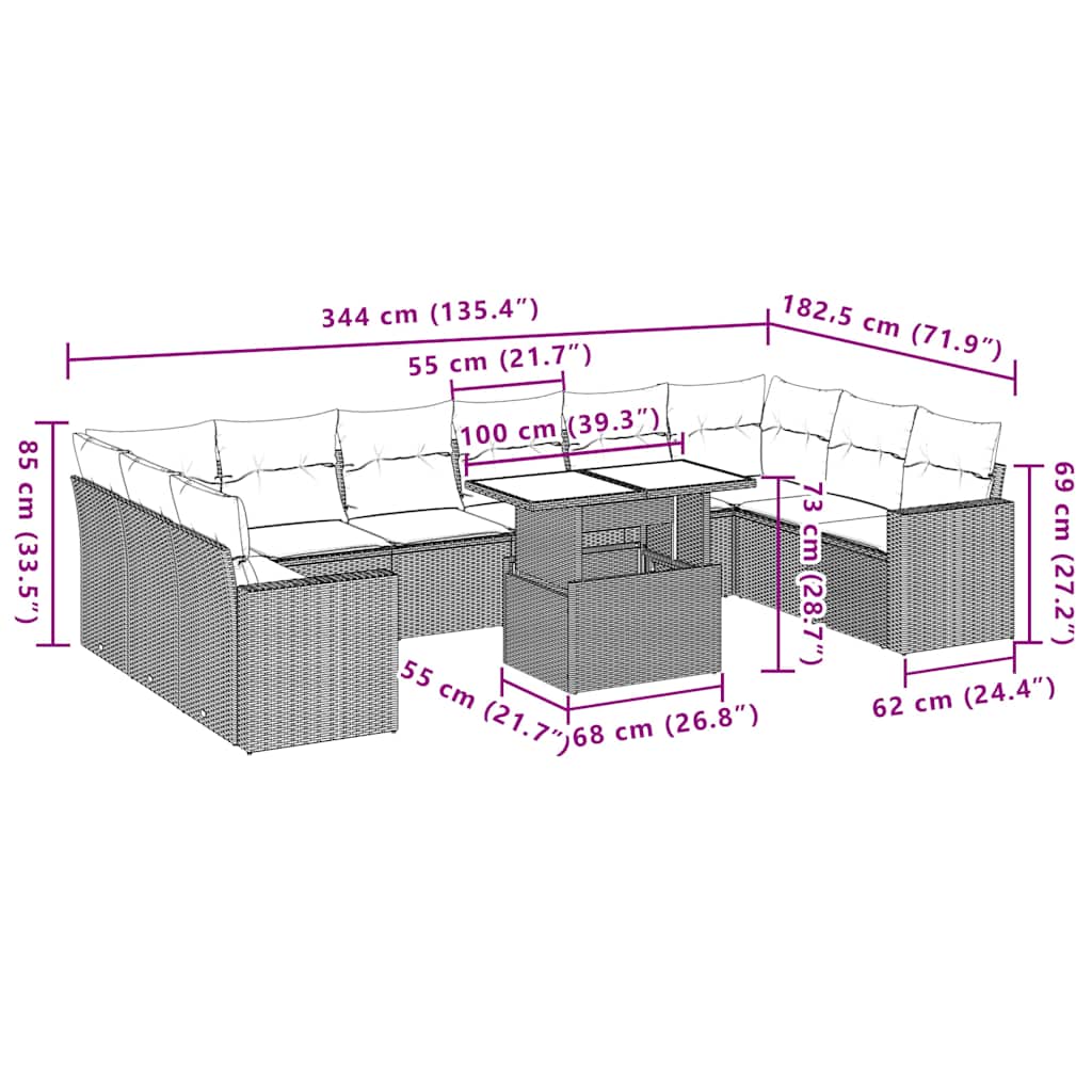 11-teiliges Gartensofa-Set mit Kissen, grau, Polyrattan