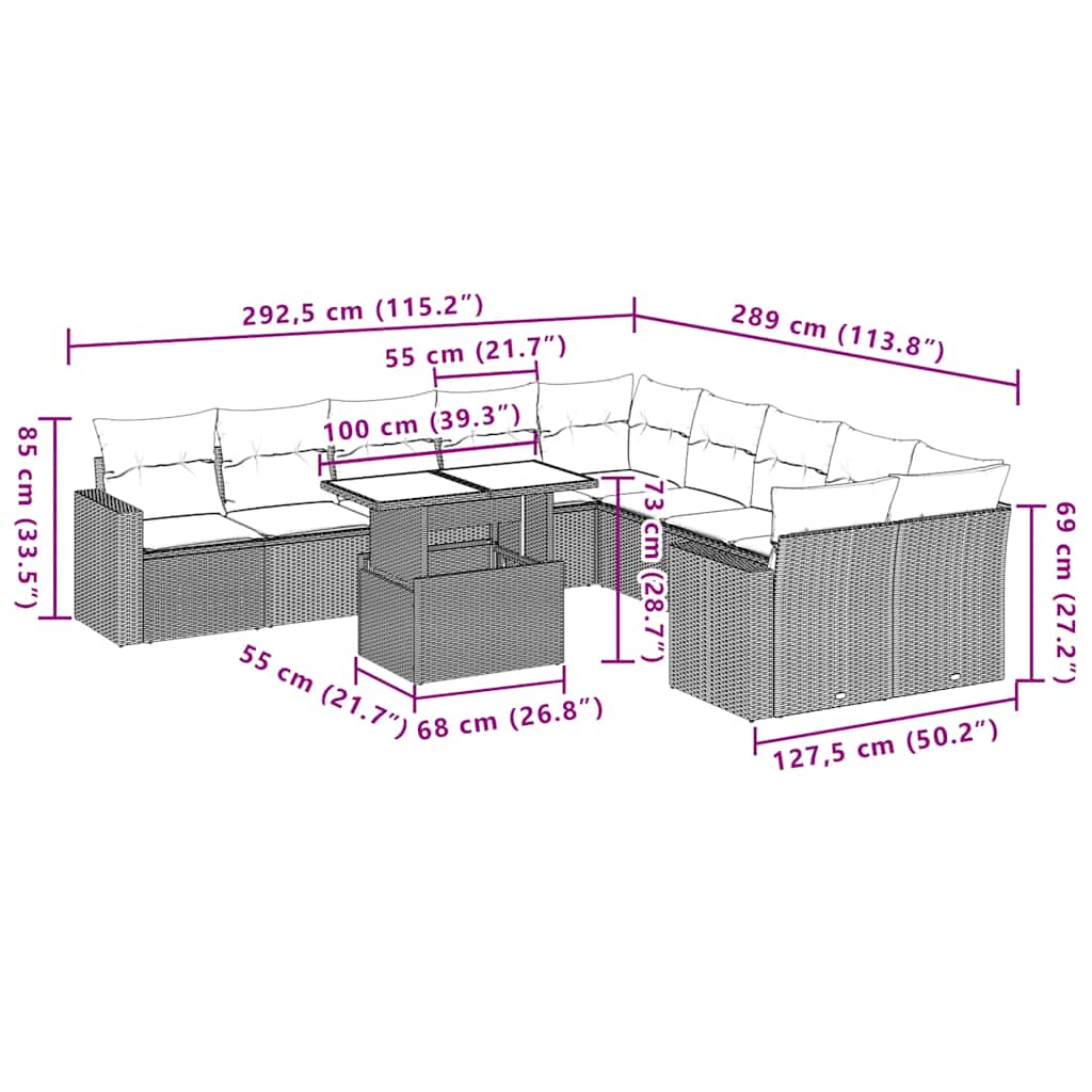 11-teiliges Gartensofa-Set mit Kissen, grau, Polyrattan